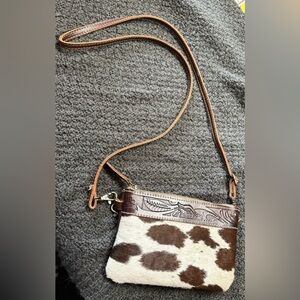 Myra Bag Brown and White Cowhide Crossbody with Tooled Leather Trim
